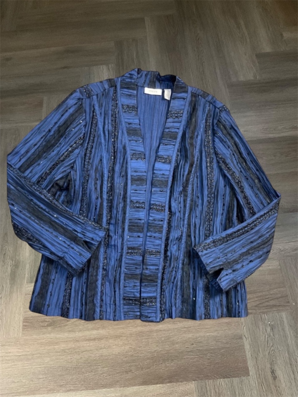 Chico's Earlene Lacey Jacket Womens 3 XL Blue Black Beaded Artsy Holiday Party
